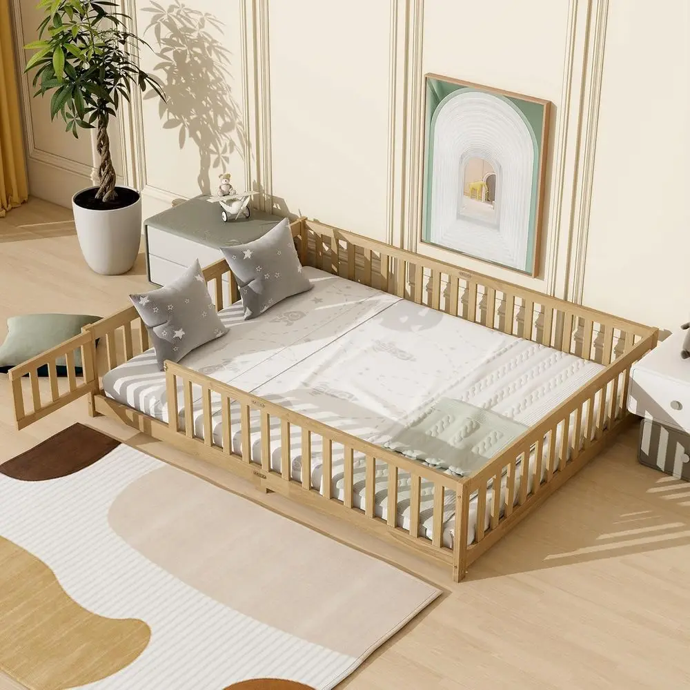 PVWIIK Queen Size loor Bed with ence and Door,Easy to Assemble Wood Bedstead,Platorm Bed w/Saety Guardrails/Near the Ground,Natu