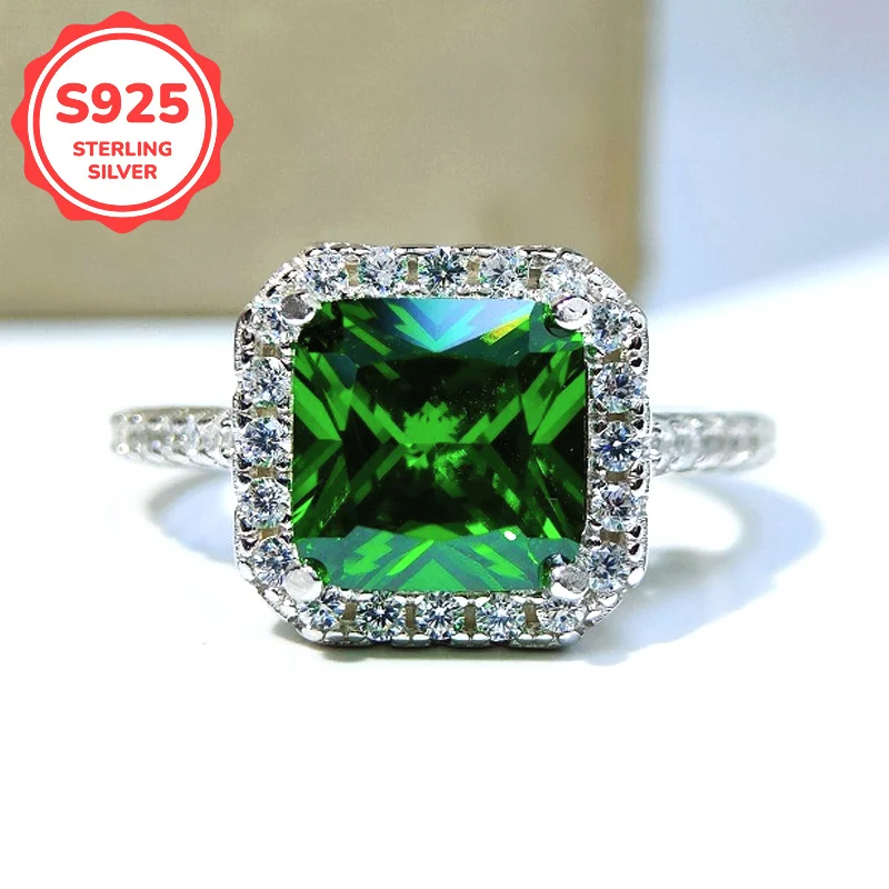 1pc 3Carats Green Synthetic Zircon Chamfered Square Four Claw Micro Inlaid Ring, Suitable for Daily & Party & Formal Occasions.