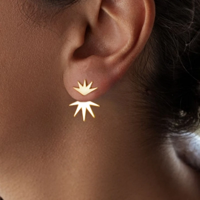 1-Pair Fashion Metal Irregular Fan Maple Leaf Earrings Ear Jacket for Women 2024 New Daily Party Earrings Double Wear Method