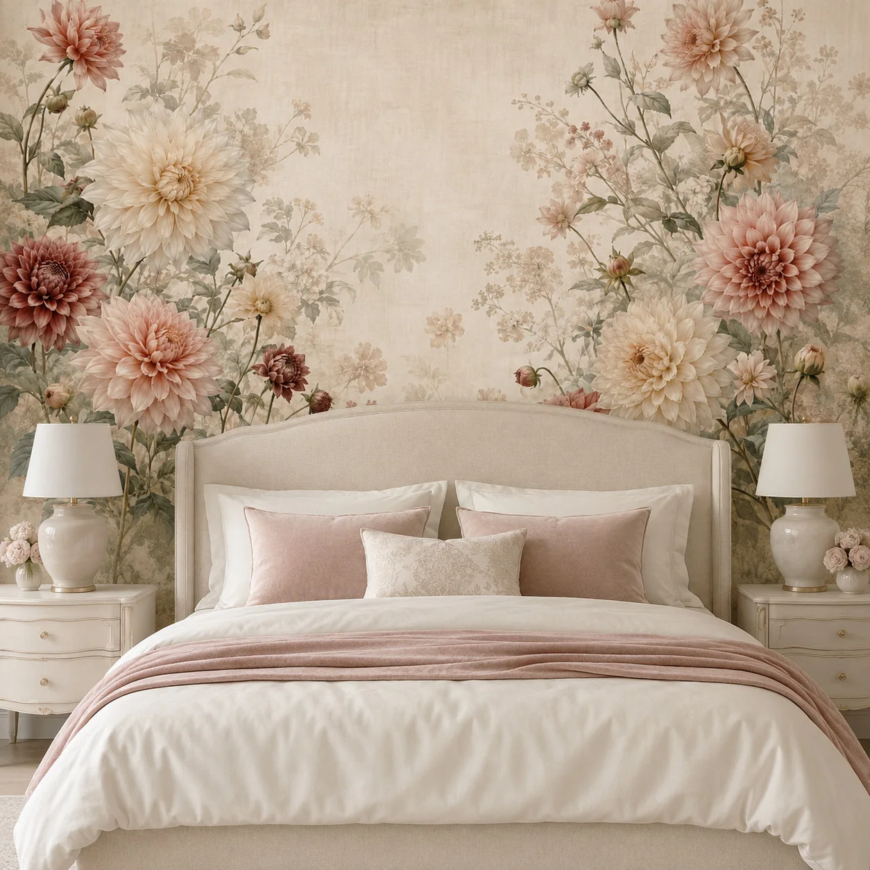 Vintage Dahlia Floral Wallpaper Mural Beige Pink Botanical Wall Art Luxury Bedroom Decor Non Self Adhesive Glue Required