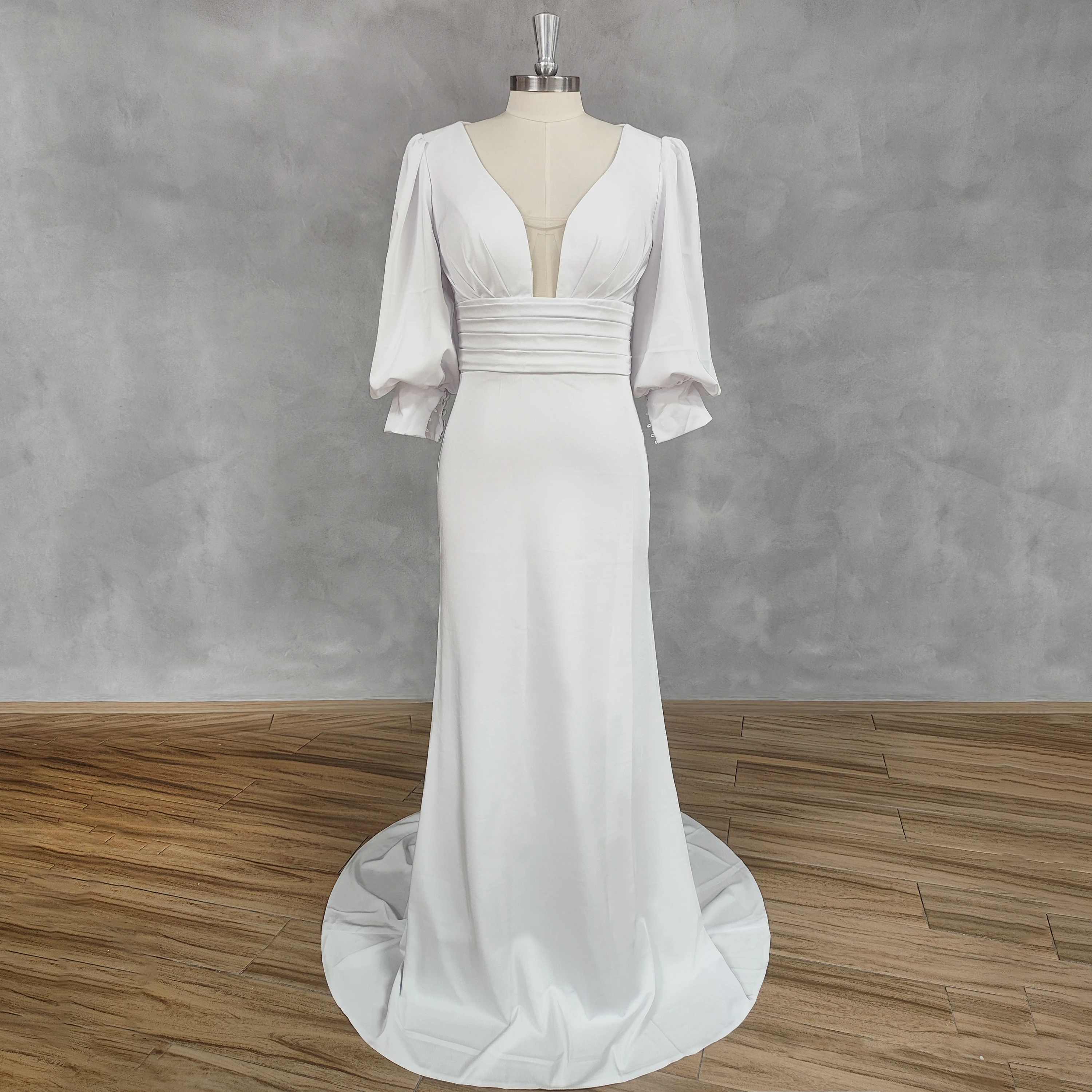 

DIDEYTTAWL Real Picture Deep V-Neck Sheath Puff Sleeves Crepe Wedding Dress Open Back Button Sweep Train Bridal Gown