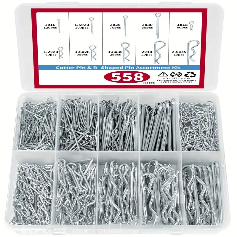

558Pcs Split Pin Assortment Kit Zinc-plated Steel Split Pins Hairpin Hooks Pin Clamps Fasteners Accessories Assortment Set