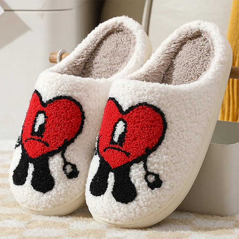 

Autumn Winter Fulffy Fur Slippers Plush Fleece Flat Love Heart Slippers Indoor Slippers Couple Shoes Flip Flops Women slides