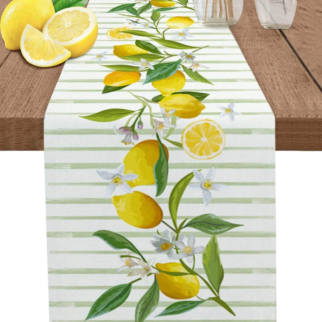 Summer Lemon Green Stripes Linen Table Runner Wedding Decoration Washable Table Runner for Dining Table Party Decor