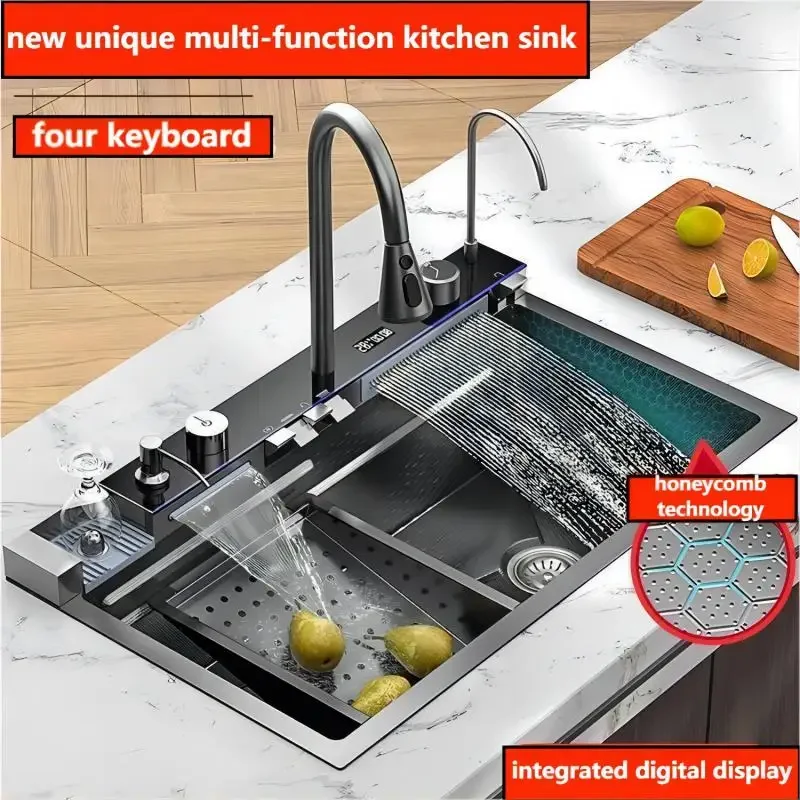 Cocina Integrated Waterfall Kitchen Sink Honeycomb Technology Large Digitial Display Stainless Steel Soap Dispenser Cup Washer