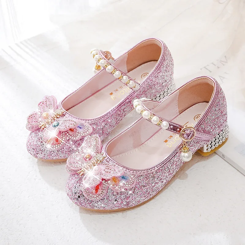 Scarpe da principessa per ragazze bambini Casual Glitter scarpe in pelle con tacco alto primavera autunno moda paillettes scarpe singole da sposa