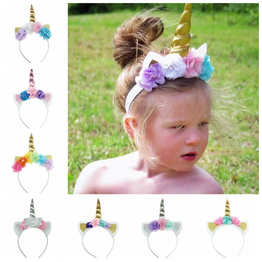 Handmade nowe dziewczyny róg jednorożca Hairband szyfon sztuczne kwiaty nakrycia głowy dla dzieci urodziny prezenty rekwizyty fotograficzne akcesoria do włosów