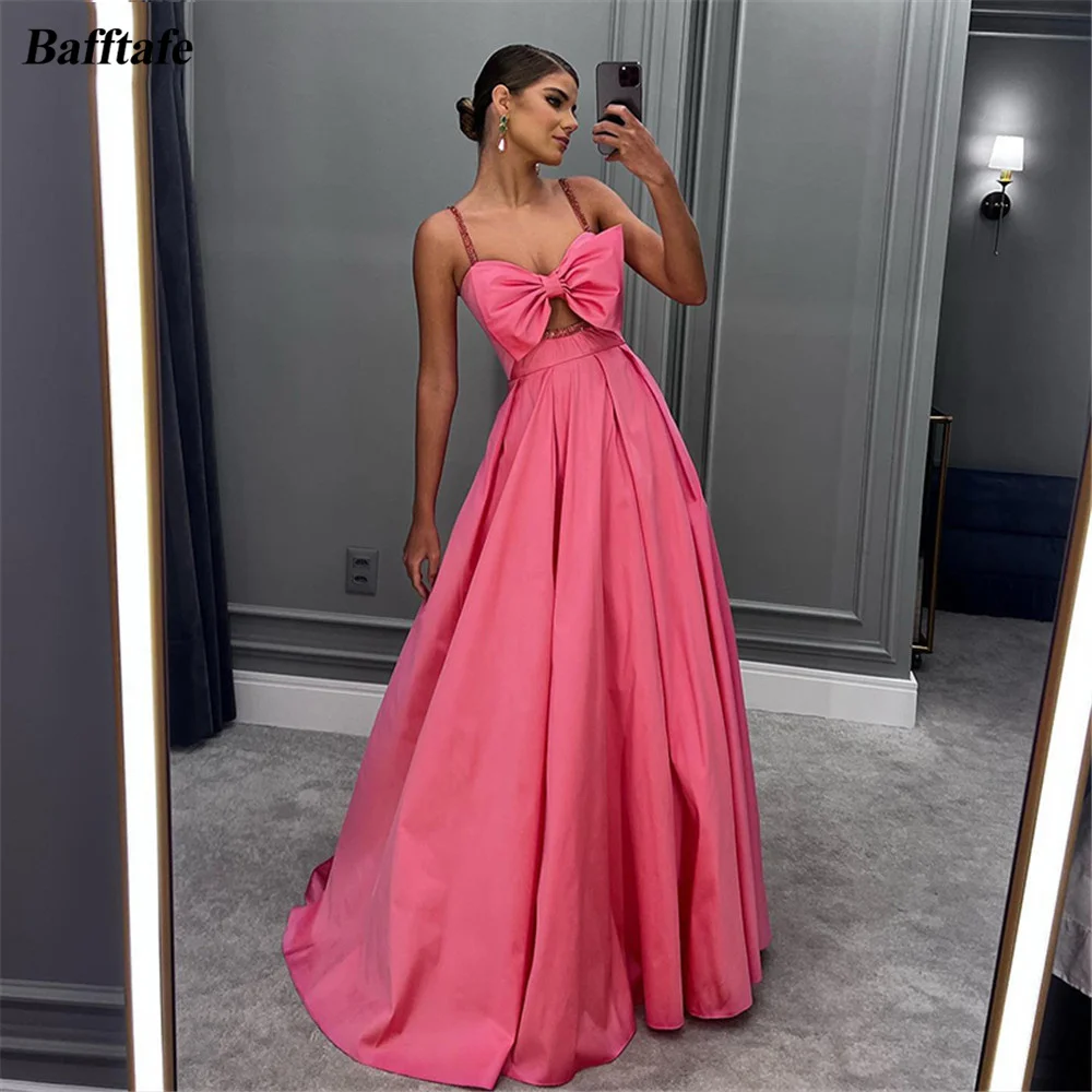 Bafftafe A Line Satin Beaded Women Formal Prom Dresses Big Bow Spaghetti Strap Simple Cut Out Long Women Party Evening Gowns