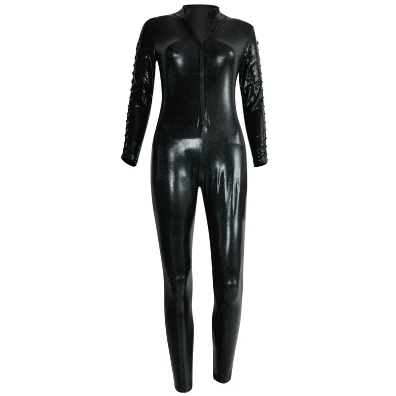 Combinaison en cuir pour femme, combinaison Catsuit, batterie, Wetlook Romper, manches longues