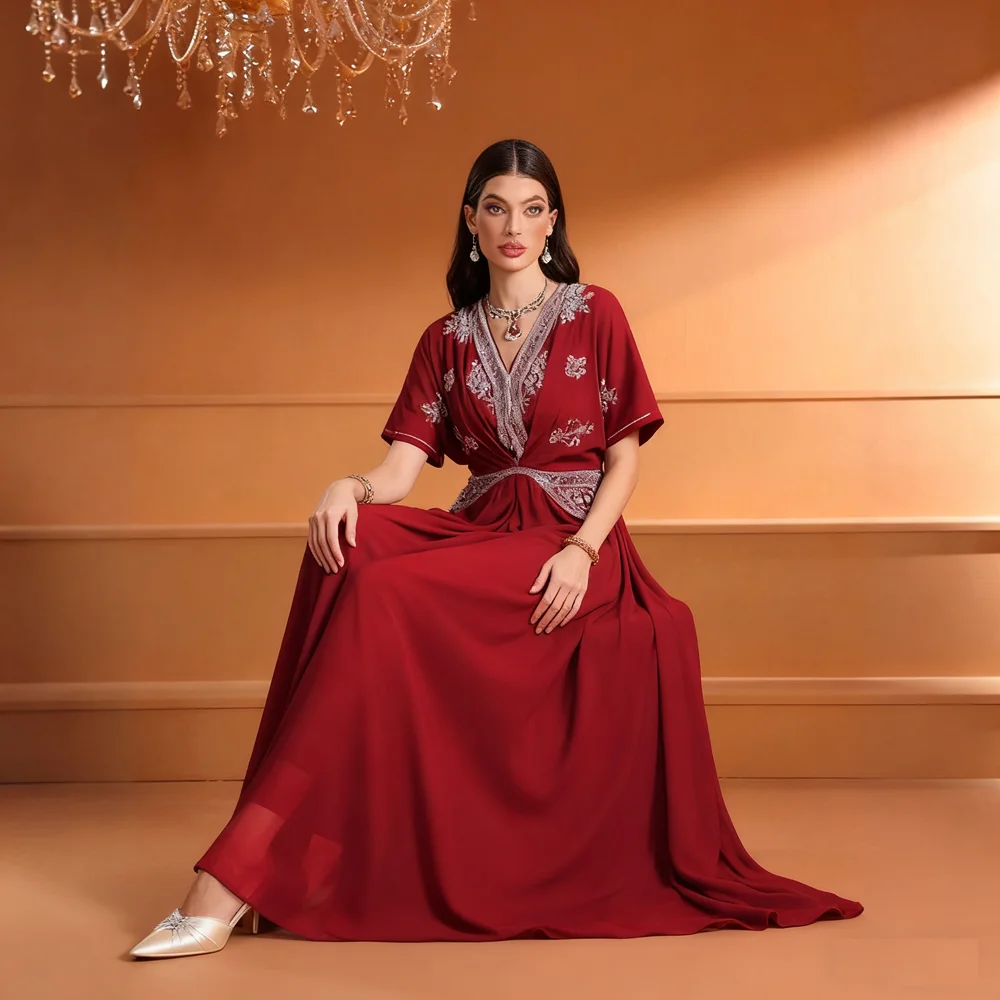 

Элегантное женское мусульманское платье с бриллиантами, марокканский кафтан с коротким рукавом, Дубай, Абая, исламская одежда, Abbayas Femme, халат, платье