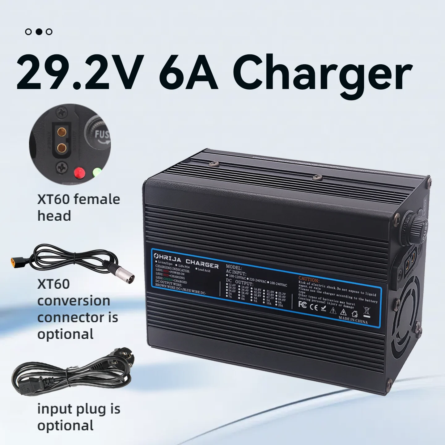 

OHRIJA 29.2V 6A charger quick aluminum shell suitable for8S 25.6V LiFePO4 Battery Charger detachable connector plug is optional