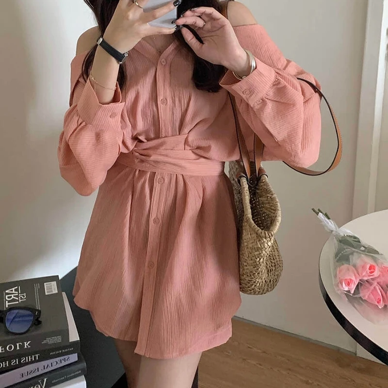Shirt dress women's suit 2024 summer new long-sleeved shirt POLO collar sunscreen shirt long shorts two-piece suit