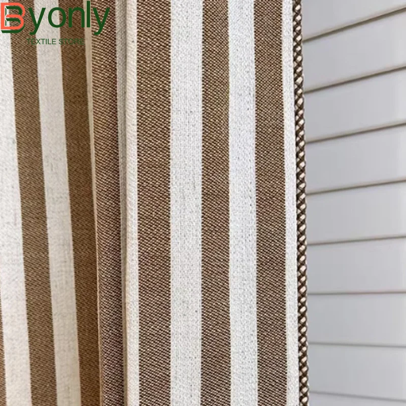 New Cotton and Linen Vertical Stripe Coffee Jacquard Curtains for Living Room Bedroom French Window Customized Finished