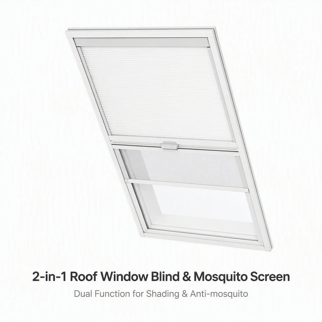 2-in-1 Pleated Shade for Mansard Skylight Window, Blackout Fabric Blind with Mosquito Insect Screen
