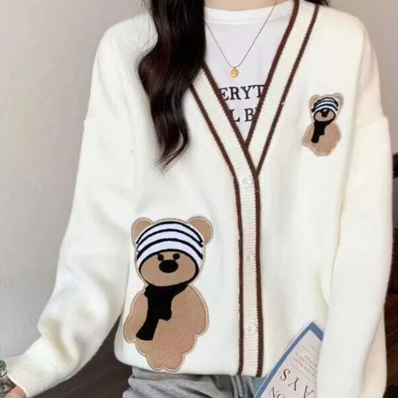 Women\'s Knitted Cardigan Cartoon Bear Embroidery Cute Wind Jacket 2024 New Korean Loose Versatile Lazy Style Women\'s Tops