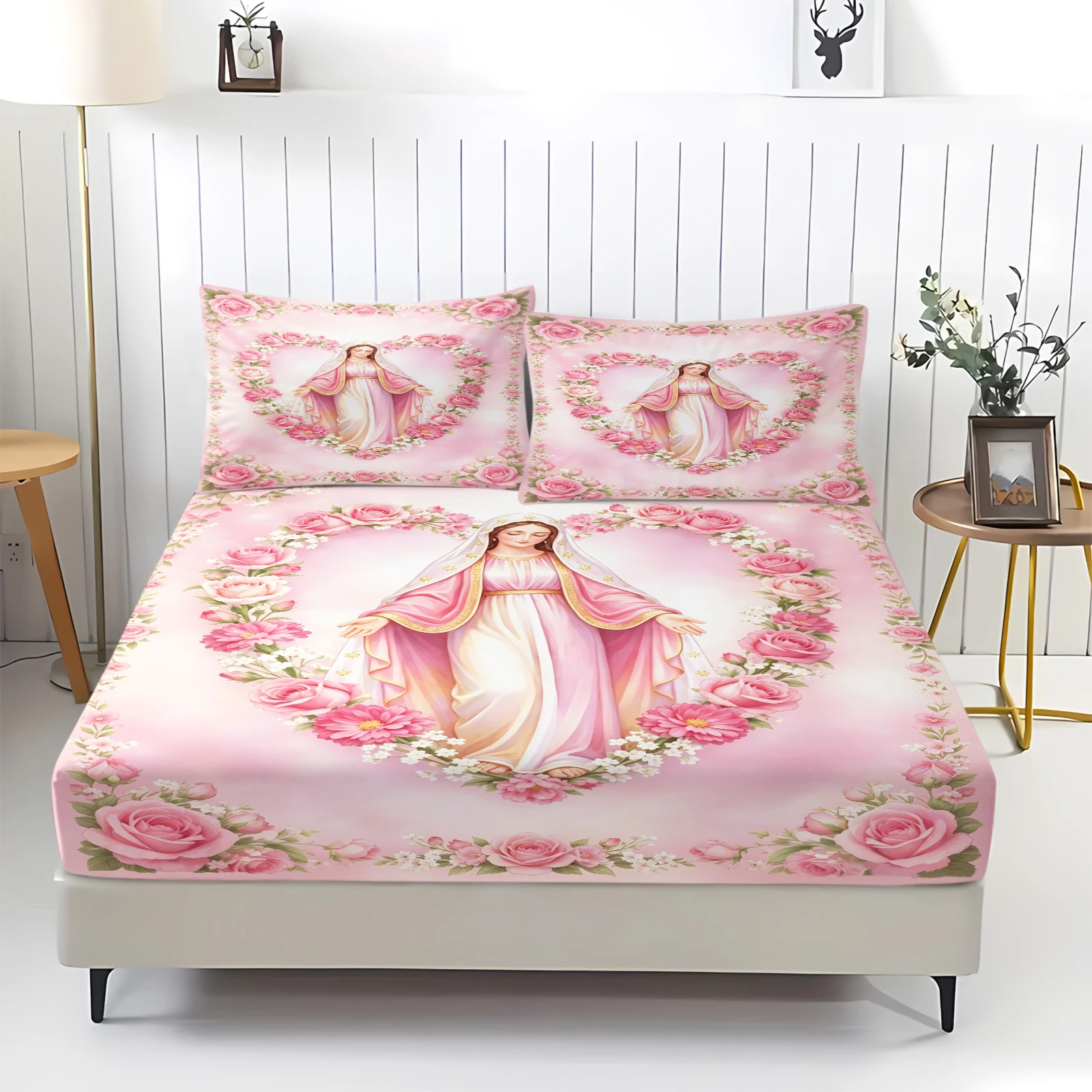 Religious Virgin Mary Fitted Bed Sheet Set Pink Rose Flower Wreath Print Soft Breathable Elastic Mattress Protector Cover