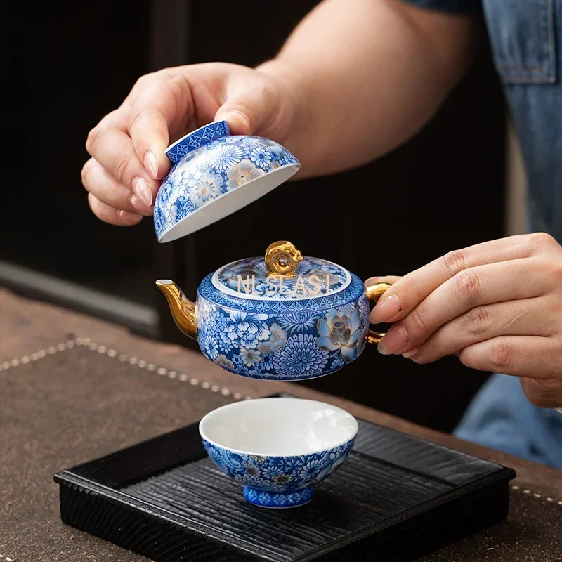 Blue and white teapot One pot and two cups Outdoor travel tea set Portable bag Kung Fu tea set Kuaike Cup