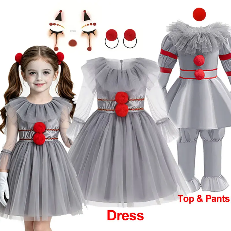 Gruseliges Graues Joker-Clown-Kostüm für Kinder Schreckliches Cosplay-Set 2026 Halloween Karneval Party Outfit Jungen Mädchen – Detail 3