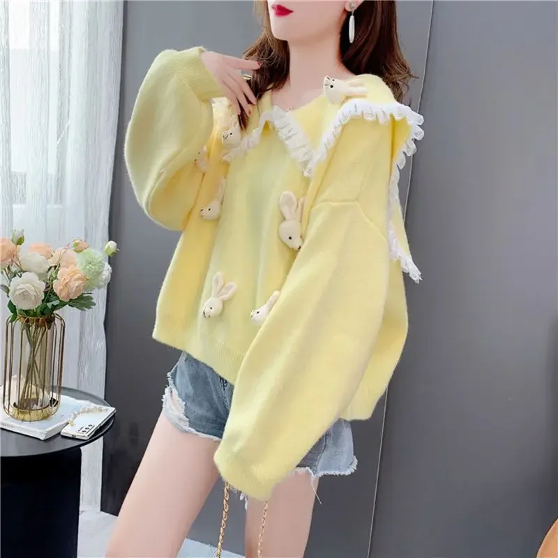 2025 Sweatshirts Women Sailor Collar Lace Splicing New Sweet Cartoon Sweater Solid Tops Female