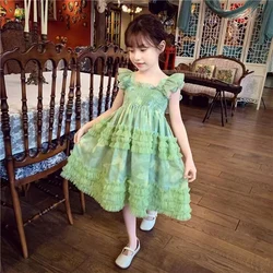 2024 Summer Girls' Children's Dress Fashionable Green Print Bow Tie Lace Strap Princess Dress Children's Wear 2-7 Years Old