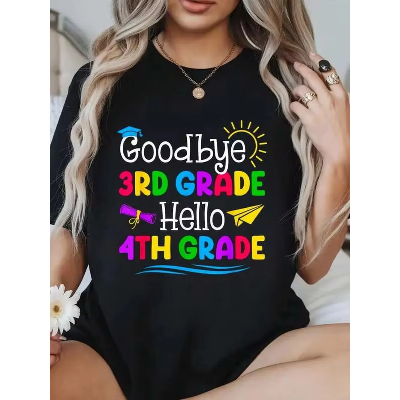 100% Cotton Summer Outfits For Women Goodbye 3rd Grade Hello 4th Grade Shirt Graduation Students T-Shirt Womens Soft Short Sleeve Top, Stylish Comfy Tee For Women Graphic Tees
