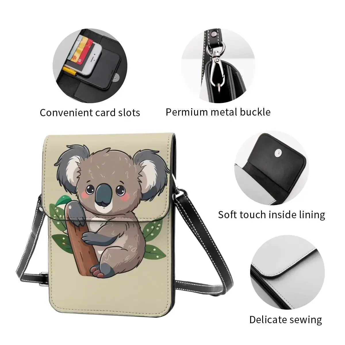 Kawaii Koala Urso Bolsa de Ombro para Mulheres, Saco De Couro Retro Animal, Saco Do Telefone Móvel De Trabalho, Sacos De Presentes