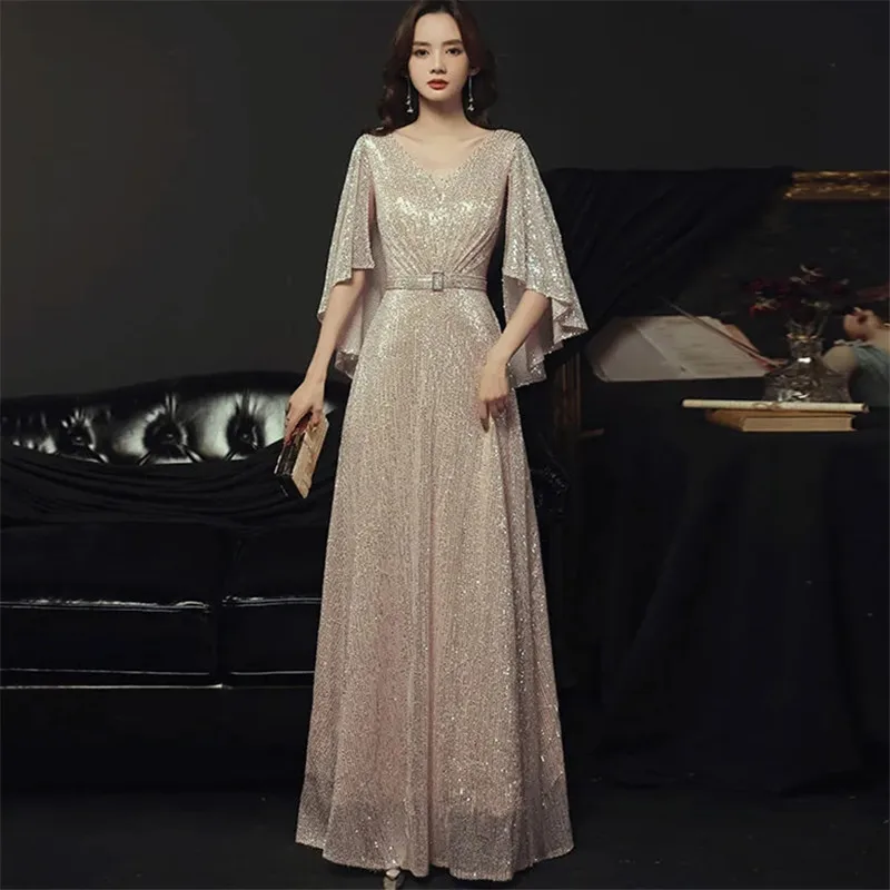 

Women's Spring Summer New Solid Color Sequin V-neck Tucked Waist Seven-point Sleeve Mid-length A-line Skirt Female Clothing 389