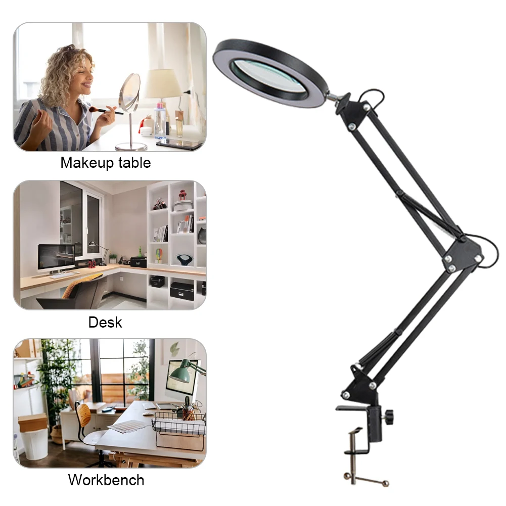 

10X Swing Arm Table Lamp LED Illuminated Magnifier Light with Light Stand 3 Color Modes for Reading Soldering