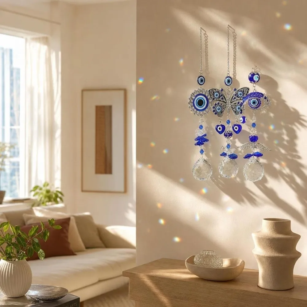 Rhinestone Devil Eye Suncatcher Butterfly Rainbow Maker Sun Catcher Pendant Crystal Balls Ornaments Hanging Crystal Decor