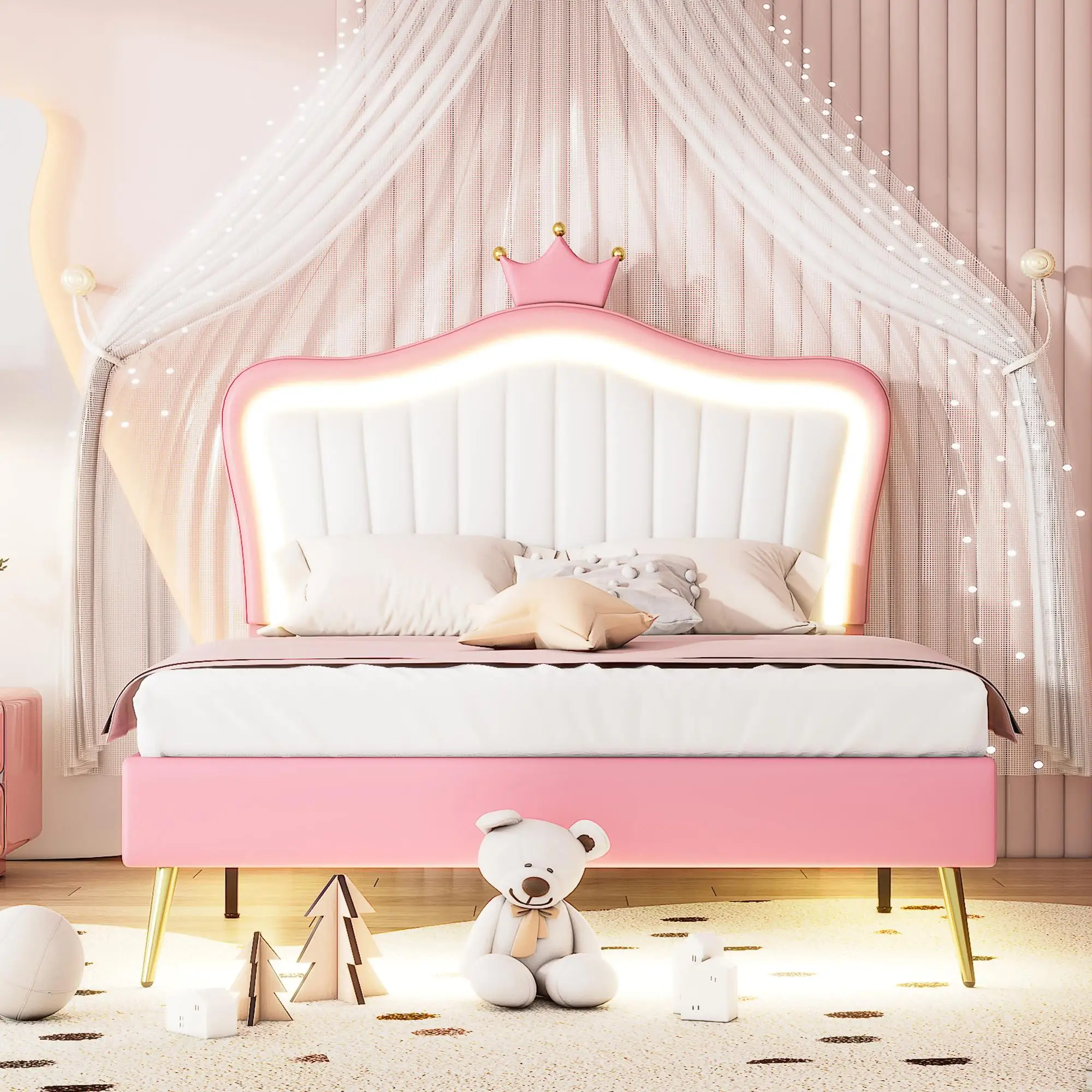 Estrutura de cama estofada moderna de tamanho completo com luzes e cabeceira de coroa - design branco e princesa