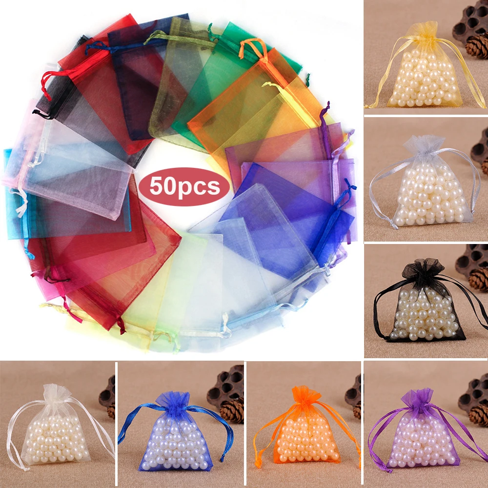 50pcs mesh drawstring candy bags Bundle Pocket Jewelry Festival Halloween Easter Small Gift Packaging Bag Multiple Colors