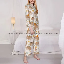 Women Sleepwear Pajamas Hedgehogs Ann Mushrooms Scandinavian Long Sleeve Pijama Female Set Negligee Cardigan Suit