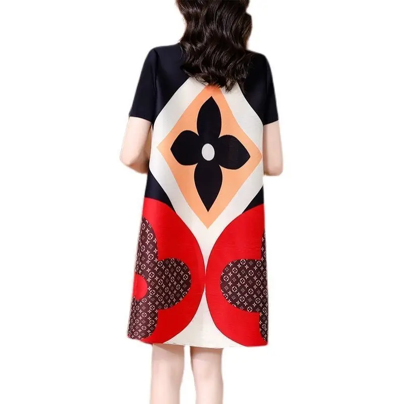 New fashion print age-reducing Miyake pleated mother summer dress, cover the belly, slimming, fashionable, large size