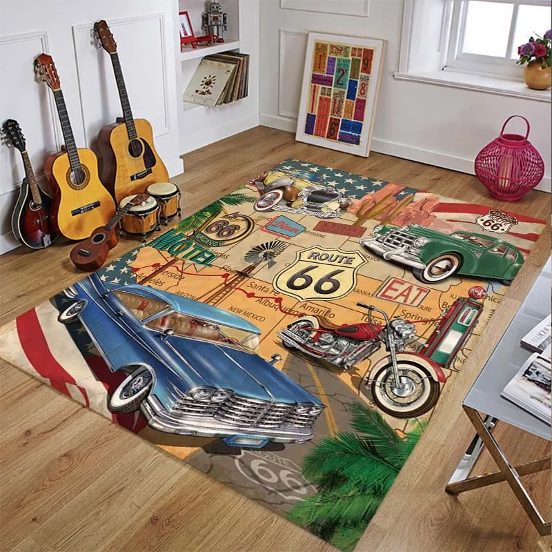 Route 66 Carpet American Mother Road Interesting Room Rug Vintage Usa Cars Classic Car Motorcycle Floor Mat Home Bedroom Decor