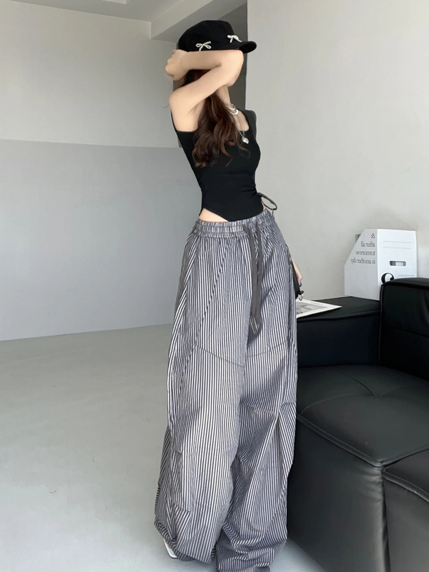 Pantalon amincissant à jambes larges, rayé rose, ample, vêtements de travail pour danse de rue, paresseux, décontracté, taille basse, taille élastique