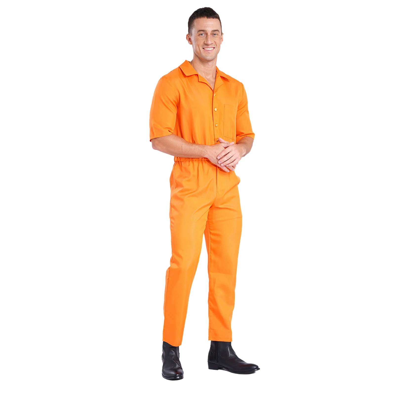 Mens Adult Inmate Jail Halloween Cosplay Costume Convict Detainee Outfit Prisoner Jailbird Jumpsuit Short Sleeve Print Overalls