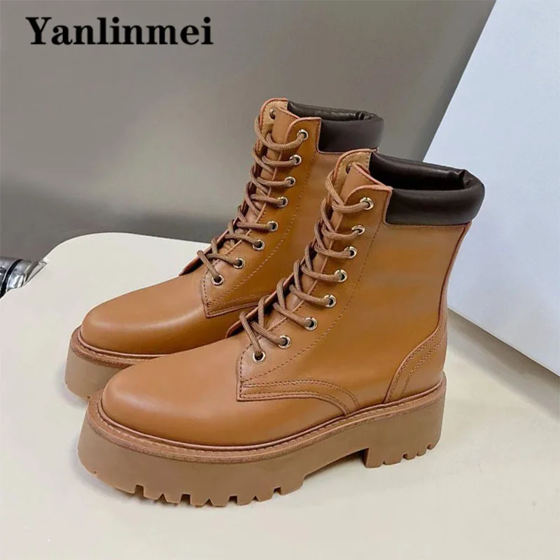 Thick Sole Motorcycle Boots Women Luxury Genuine Leather Flat Platform Shoes Round Toe Slip-on Short Boots Woman Botas Mujer