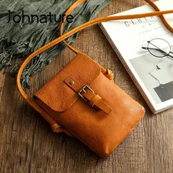 Johnature 2024 New Simple Genuine Leather Women Bag Retro Solid Color Natural Cowhide Mini Phone Bag Leisure Small Shoulder Bags