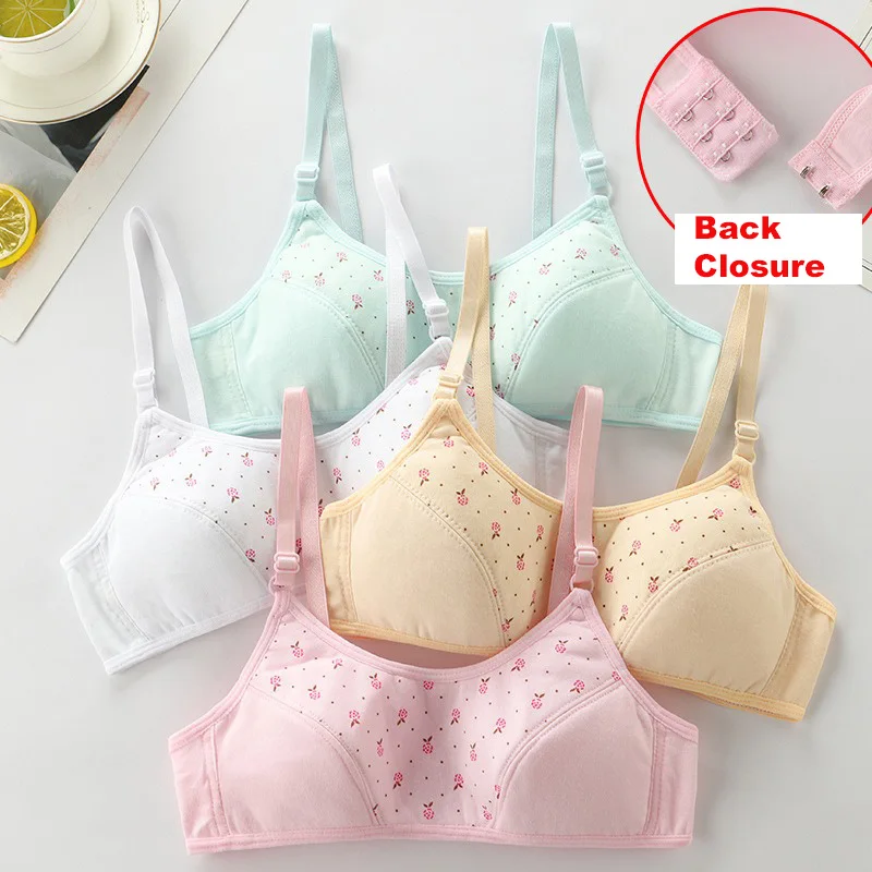 

4 шт., хлопковые бюстгальтеры для девочек, беспроводной спортивный тренировочный бюстгальтер в горошек для школьниц, мягкий дышащий детский бюстгальтер, жилет на пуговицах сзади, топ