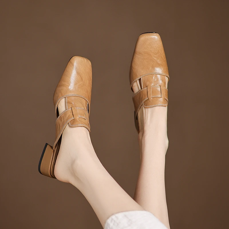 

Women's new summer genuine leather sheepskin square toe, retro hollowed out breathable M ü ller shoes, fashion slippers