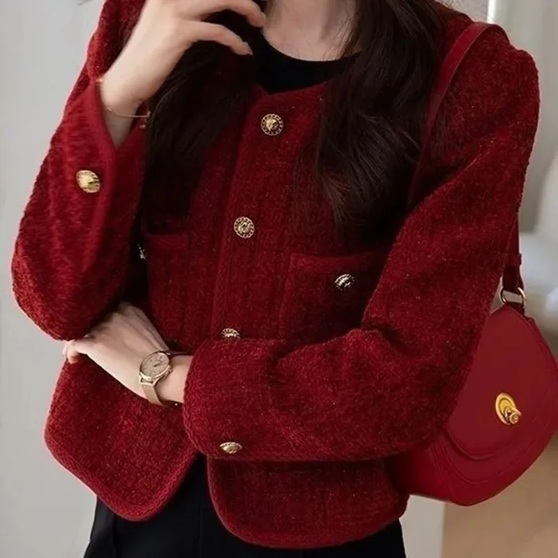 2024 New Heavy Industry Burgundy Small Fragrance Coat Women's Spring And Autumn French Temperament Joker Socialite Tweed Jacket