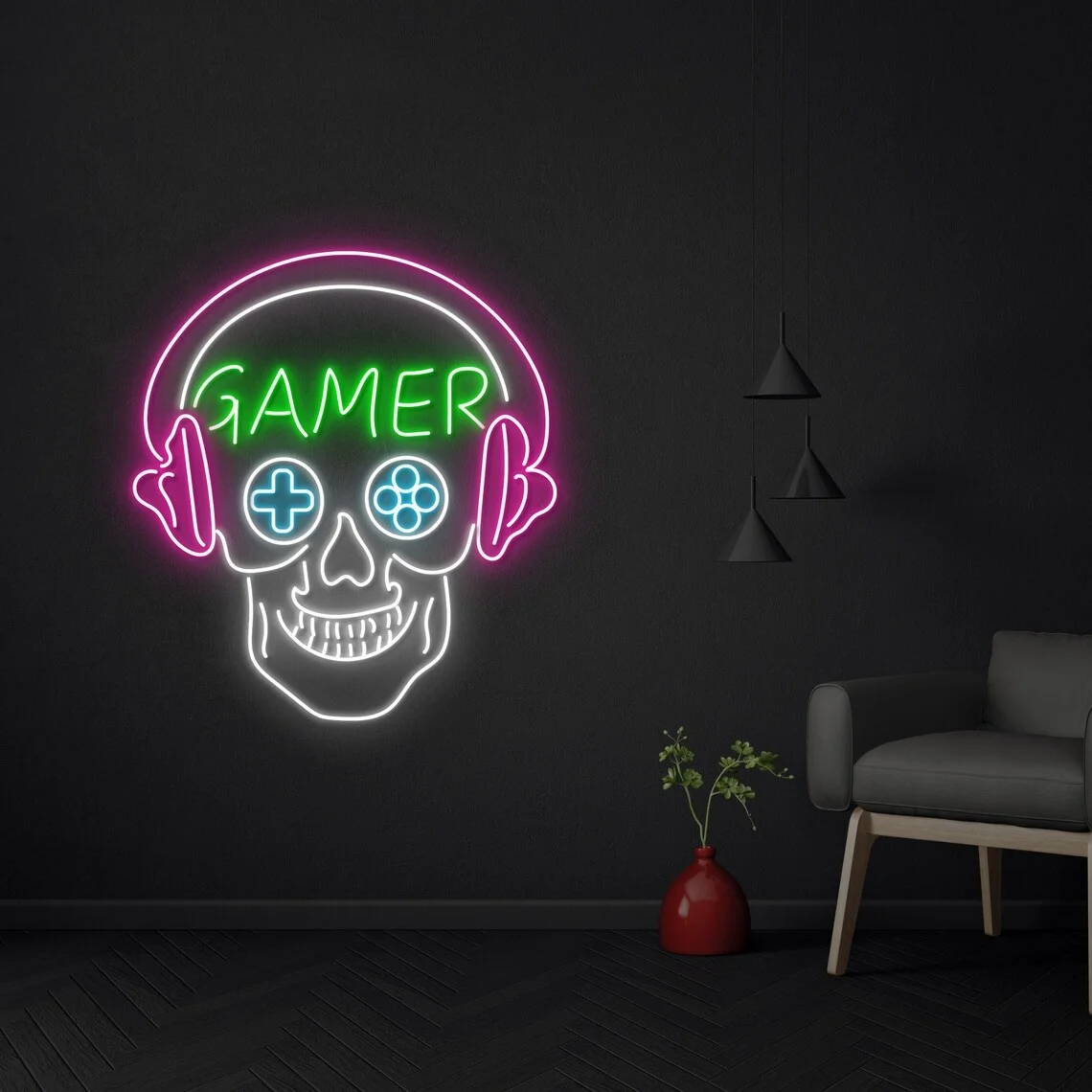 Gamer Skull Neon Sign Skull Neon Sign Skull Art Sign Game Room Decor Gamer Neon Sign