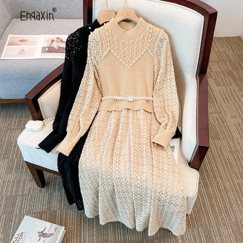 

EHQAXIN 2022 Autumn Winter New Women's Knitted Dress Fashion Lace Splice Bead Knitted Long Dresses Ladies With Bead Belt M-4XL