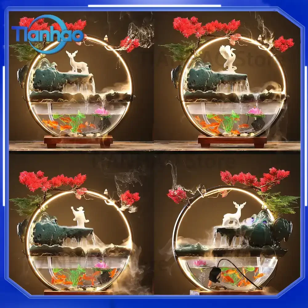 Ceramic Fountain Ornament for Fish Tank Desktop Waterfall Decor for Office Desk Chinese Style Mini Landscape Lucky Gift for