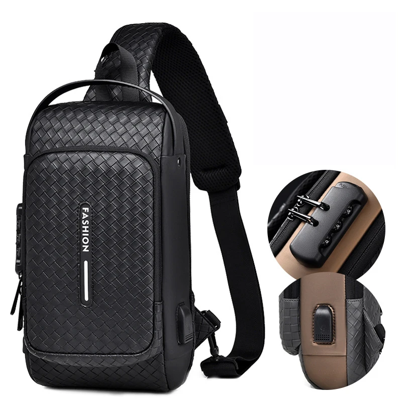 Men Fashion Chest Bag Anti-theft Tape Bag Portable Backpack with USB Charging Port Male PU Shoulder Outdoor Sports Crossbody Bag