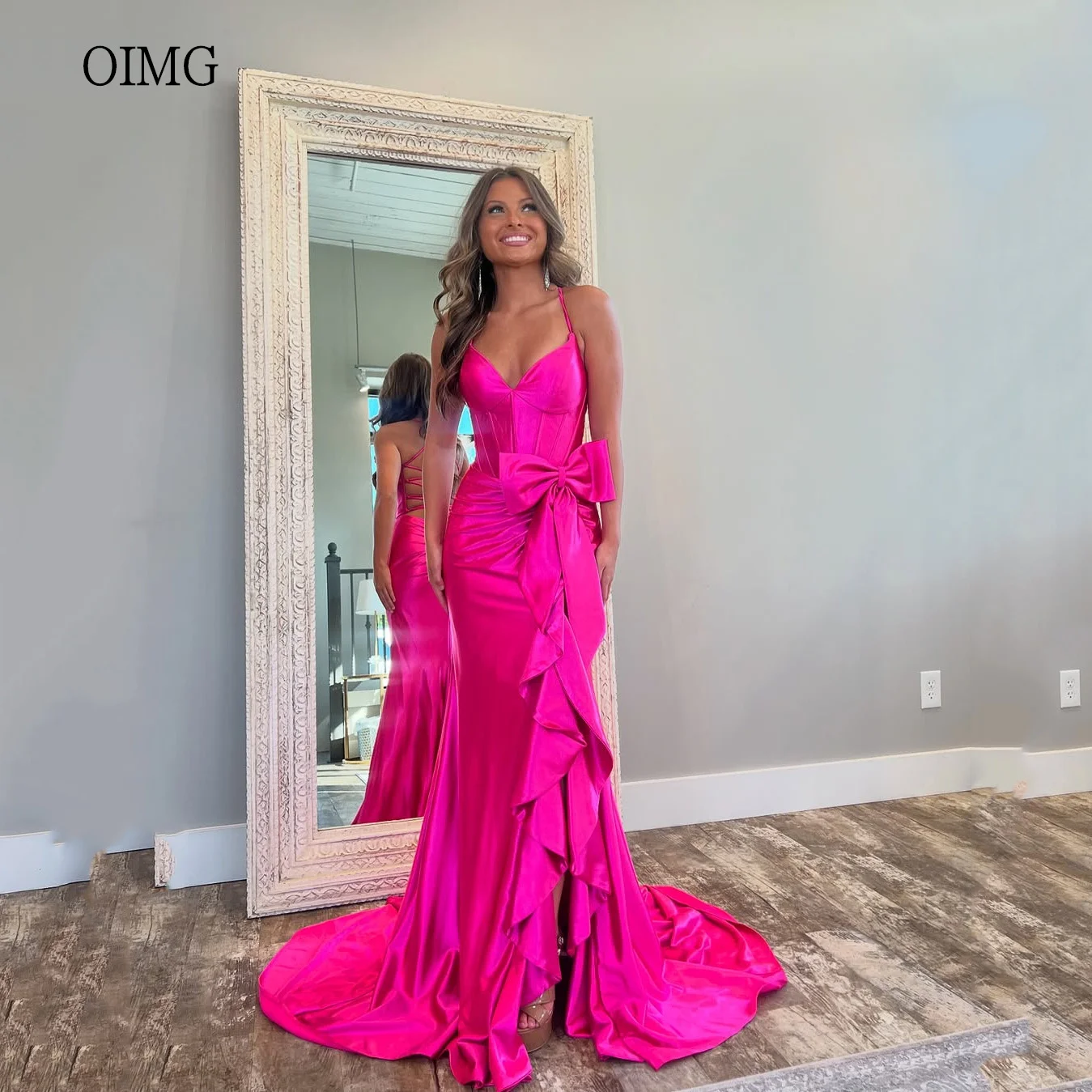 

OIMG Sexy Hot Pink Mermaid Wedding Dress V Neck Bow Belt Bridesmaid Dresses Side Slit Floor Length Wedding Gowns Customized