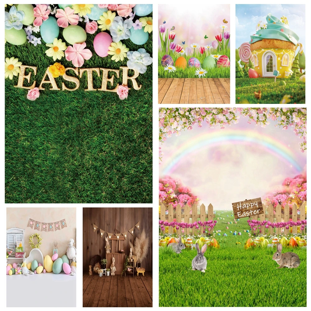 Happy Easter Photography Backdrop Spring Wood Board Green Grass Rabbit Bunny Eggs Baby Shower Kids Portrait Background Studio