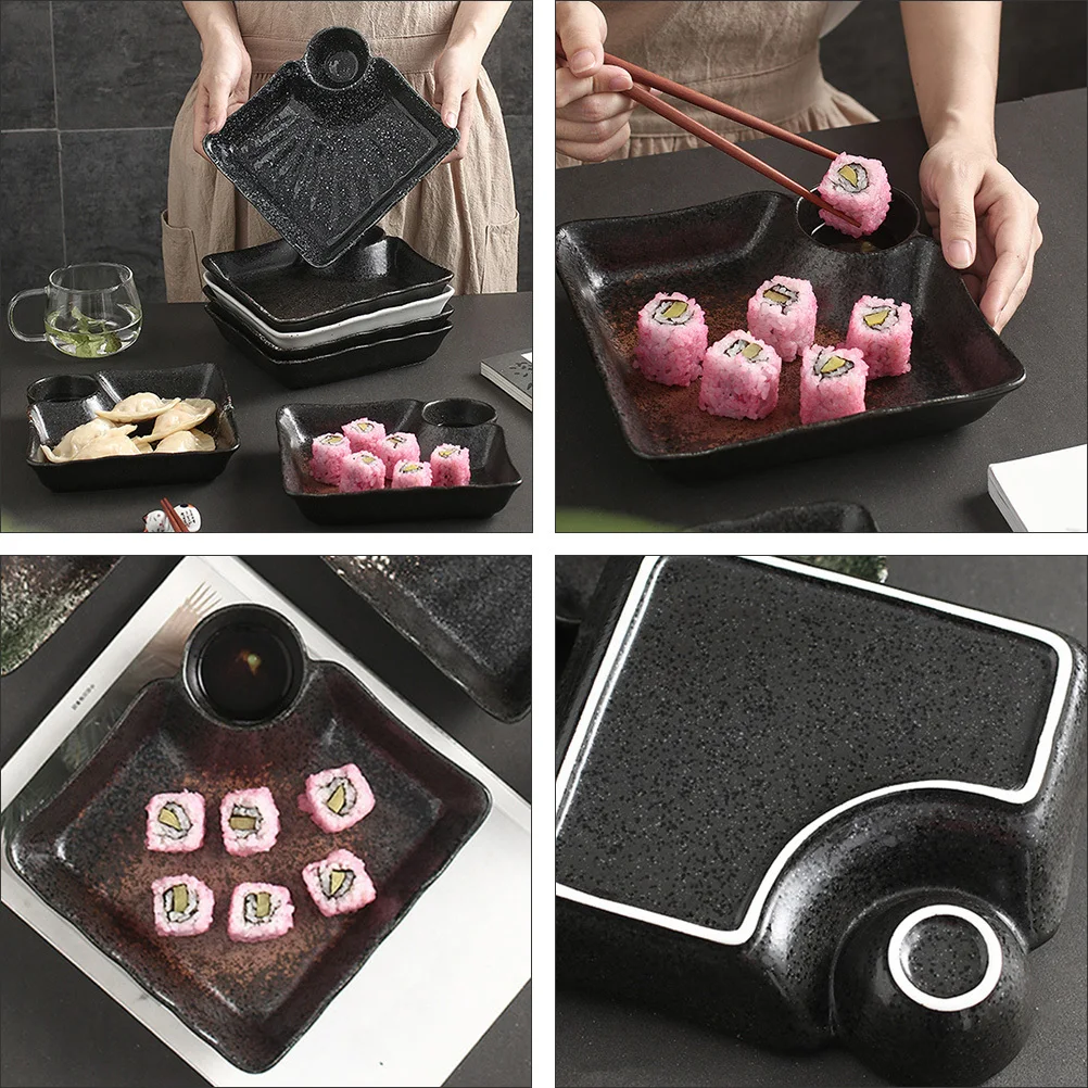 

1Pcs Ceramic Dumpling Plate Japanese Style Dumpling Dish Sushi Bowl Vinegar Sauce Grid Dish for Dumplings Snacks Desserts