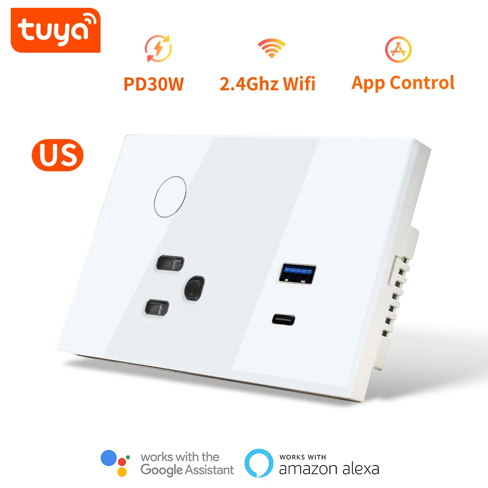 

Tuya Wifi US Standard Single Power Socket PD30W Touch Switch Usb Wall Sockets Triple Wall Sockets Quadruple Glass Sockets