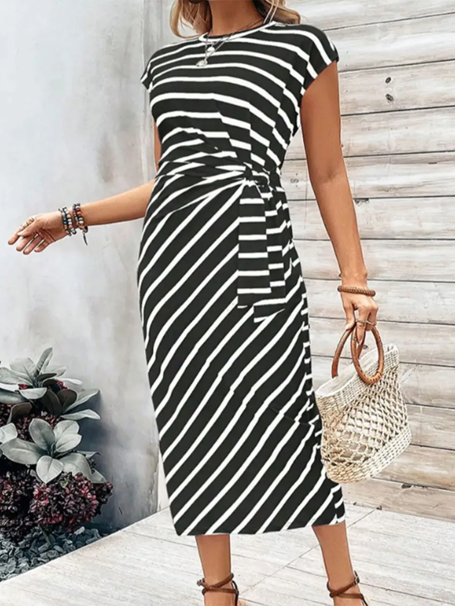 

New Plus Size Women's Tie Striped Round Neck Short Sleeve Long Dress Summer Women's High-end Women's Skirt
